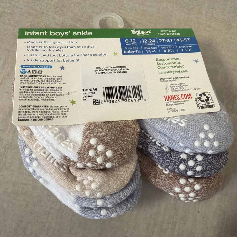 Hanes Multicolored 6 Pack Pure Comfort Ankle Socks Boys Size 6-12 Months